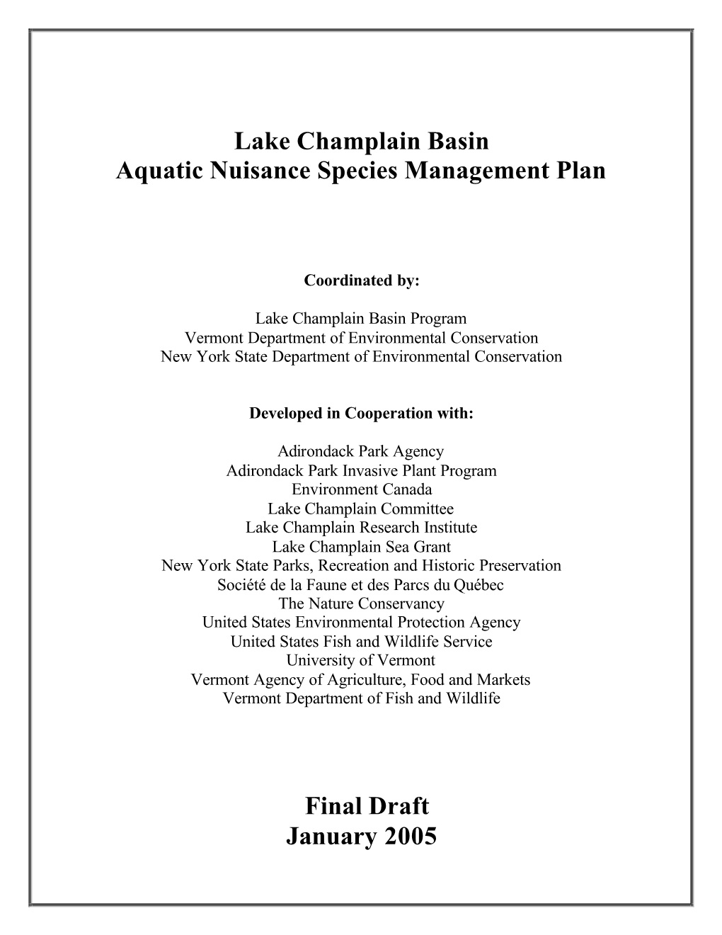 Lake Champlain Basin Aquatic Nuisance Species Management Plan