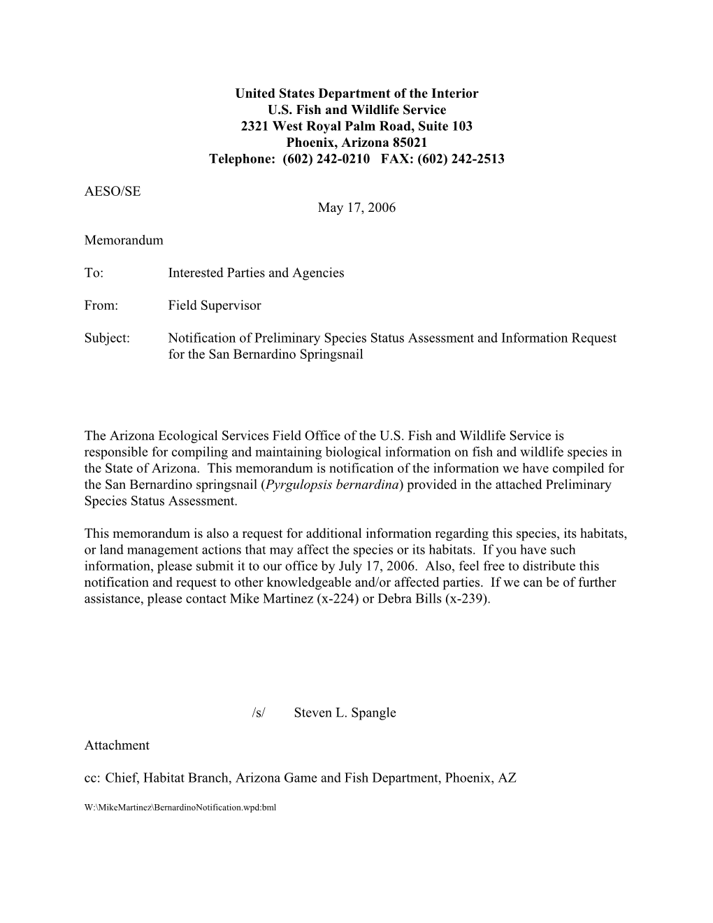 United States Department of the Interior U.S. Fish and Wildlife Service 2321 West Royal Palm Road, Suite 103 Phoenix, Arizona 85