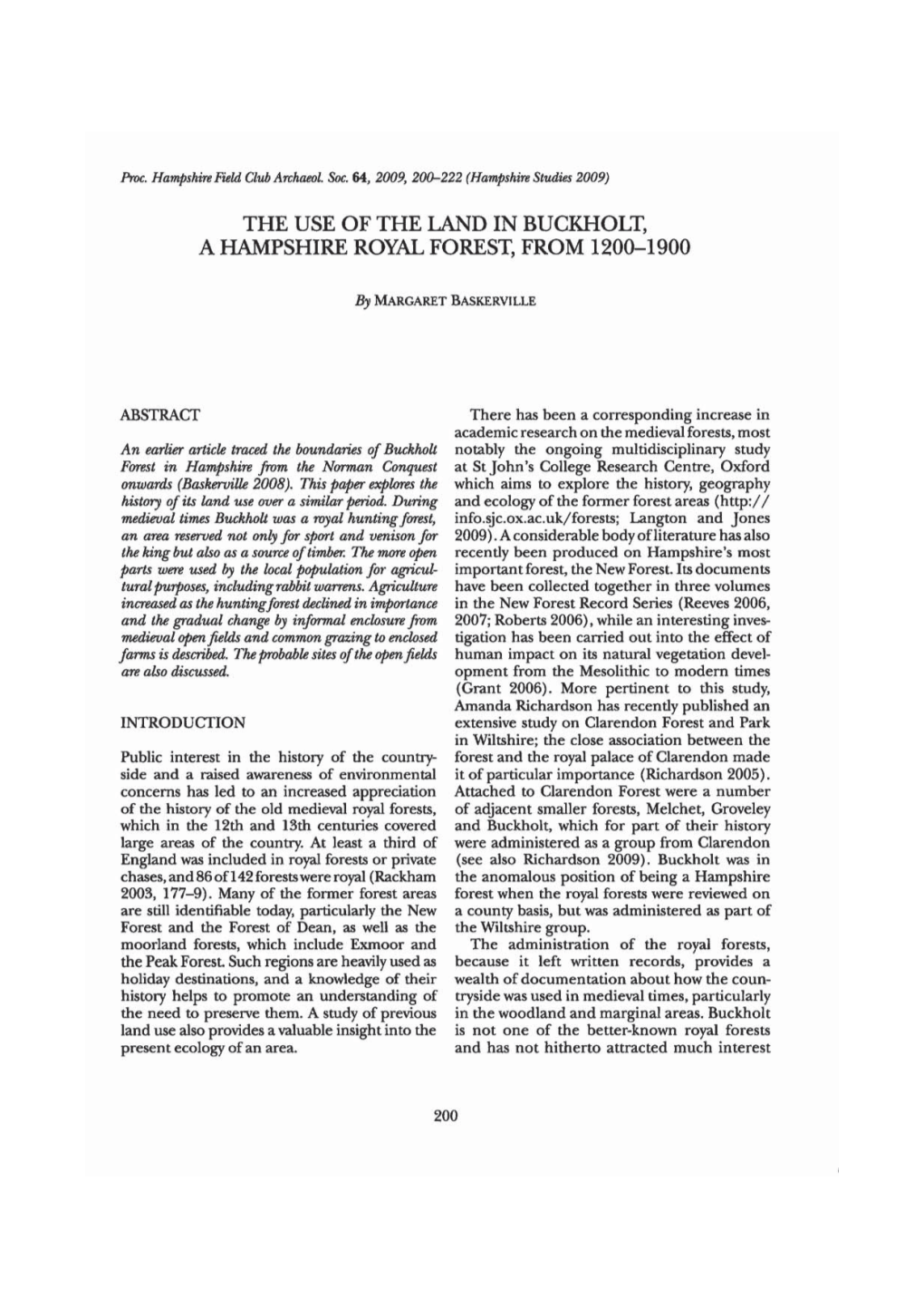 The Use of the Land in Buckholt, a Hampshire Royal Forest, from 1200-1900