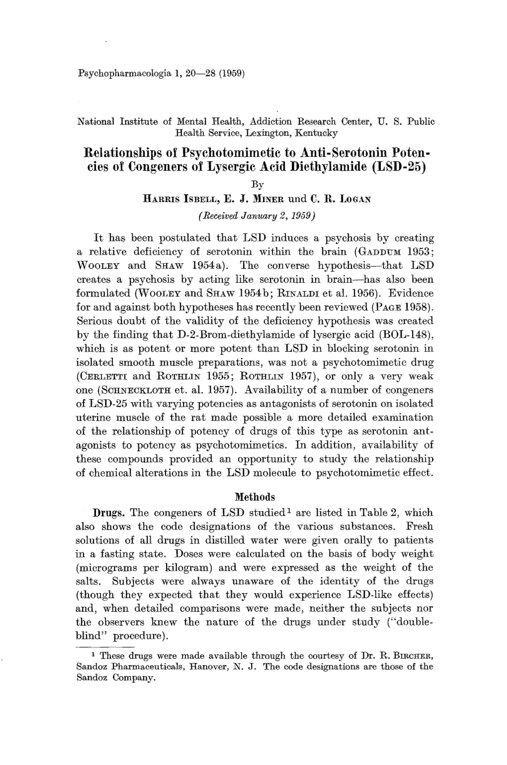 Relationships of Psychotomimetic to Anti-Serotonin Potencies Of