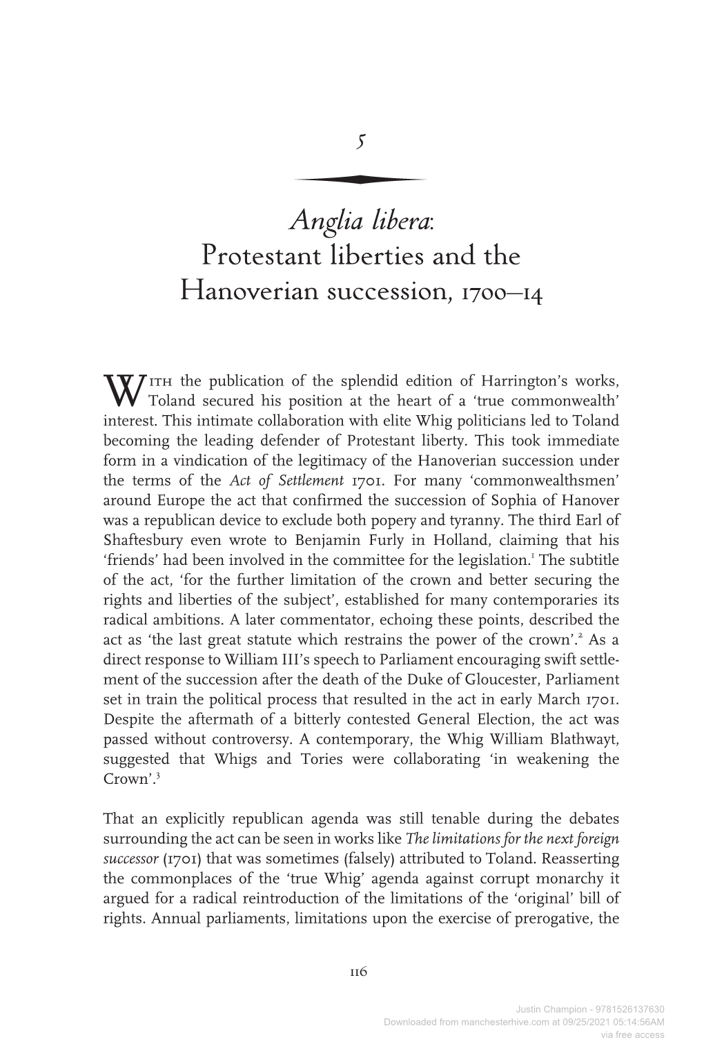 Anglia Libera: Protestant Liberties and the Hanoverian Succession, 1700–14