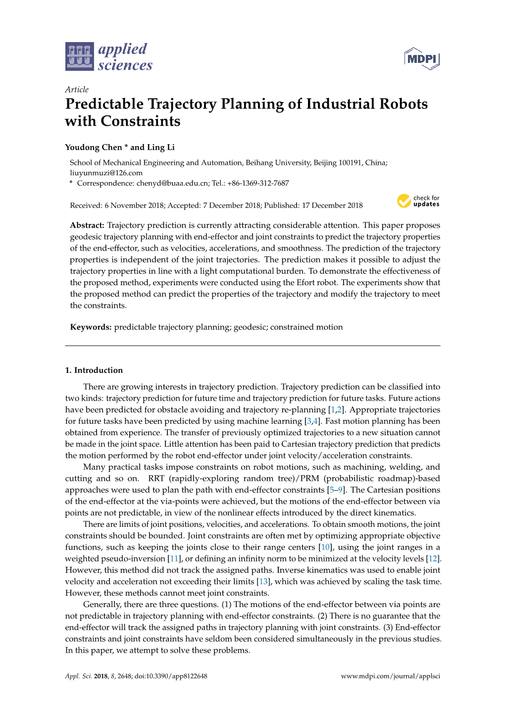 Predictable Trajectory Planning of Industrial Robots with Constraints