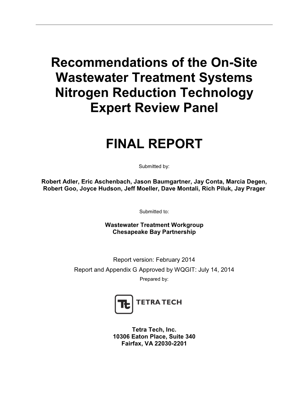 Recommendations of the On-Site Wastewater Treatment Systems Nitrogen Reduction Technology Expert Review Panel