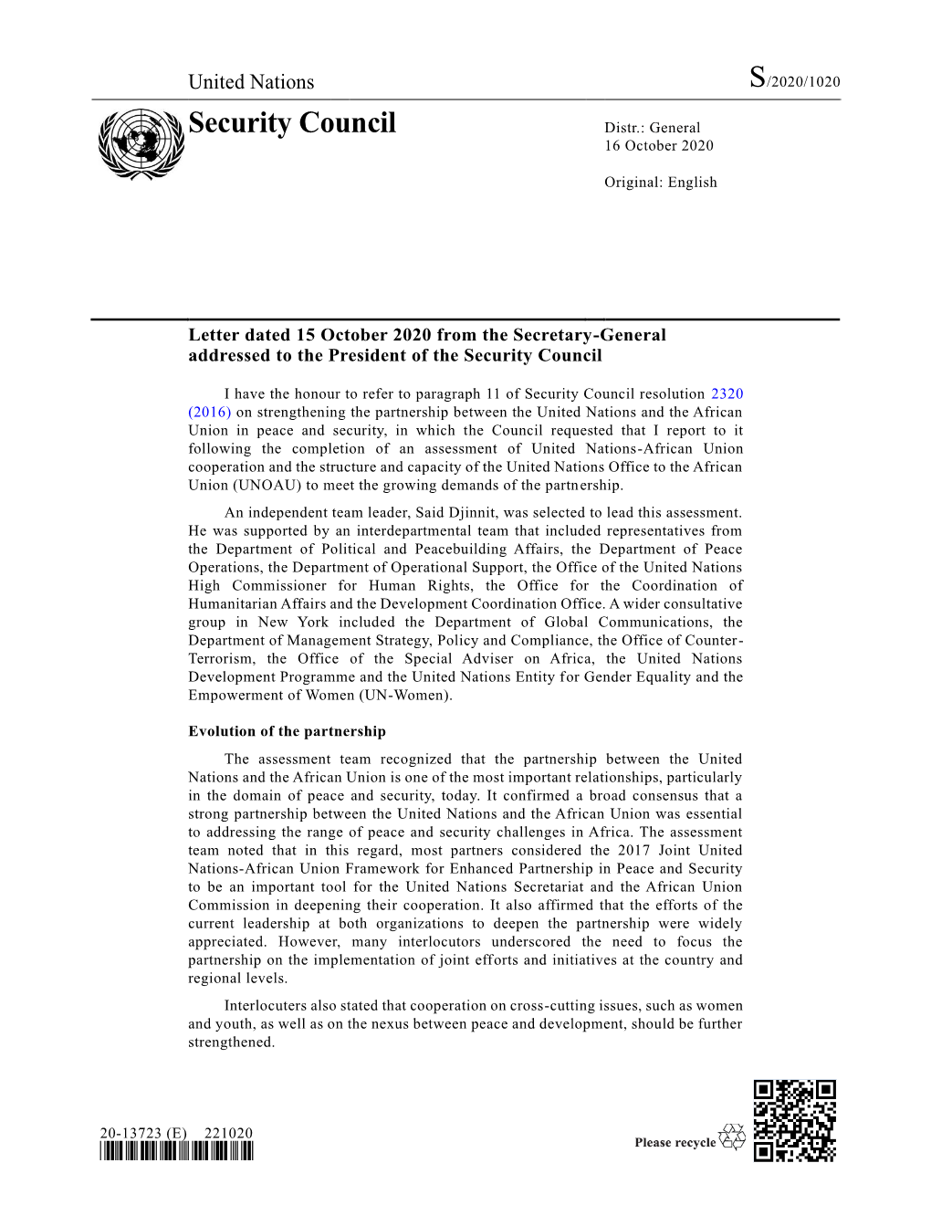 Security Council Distr.: General 16 October 2020