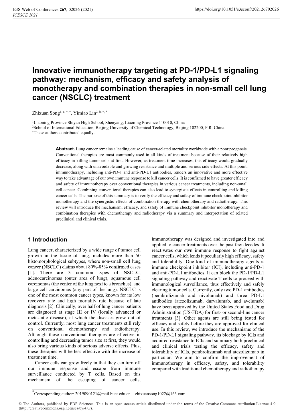 Innovative Immunotherapy Targeting at PD-1/PD-L1 Signaling Pathway