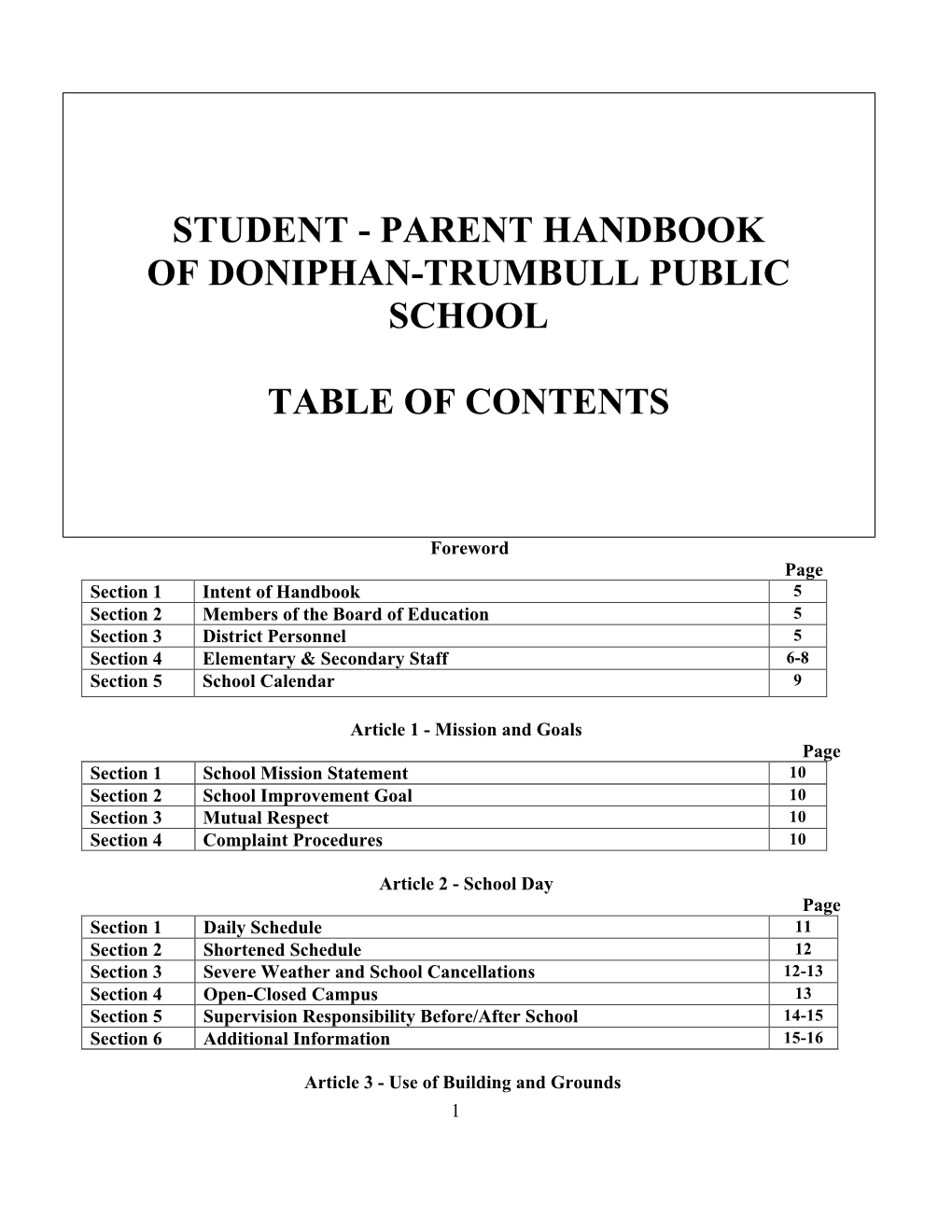 Student - Parent Handbook of Doniphan-Trumbull Public School