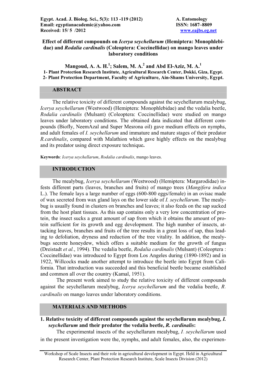 Effect of Different Compounds on Icerya Seychellarum (Hemiptera