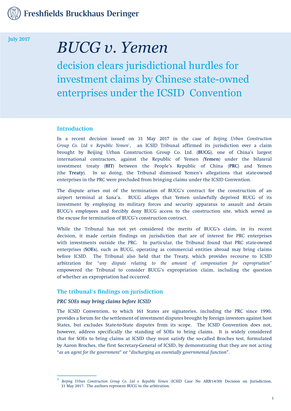 BUCG V. Yemen Decision Clears Jurisdictional Hurdles for Investment Claims by Chinese State-Owned Enterprises Under the ICSID Convention