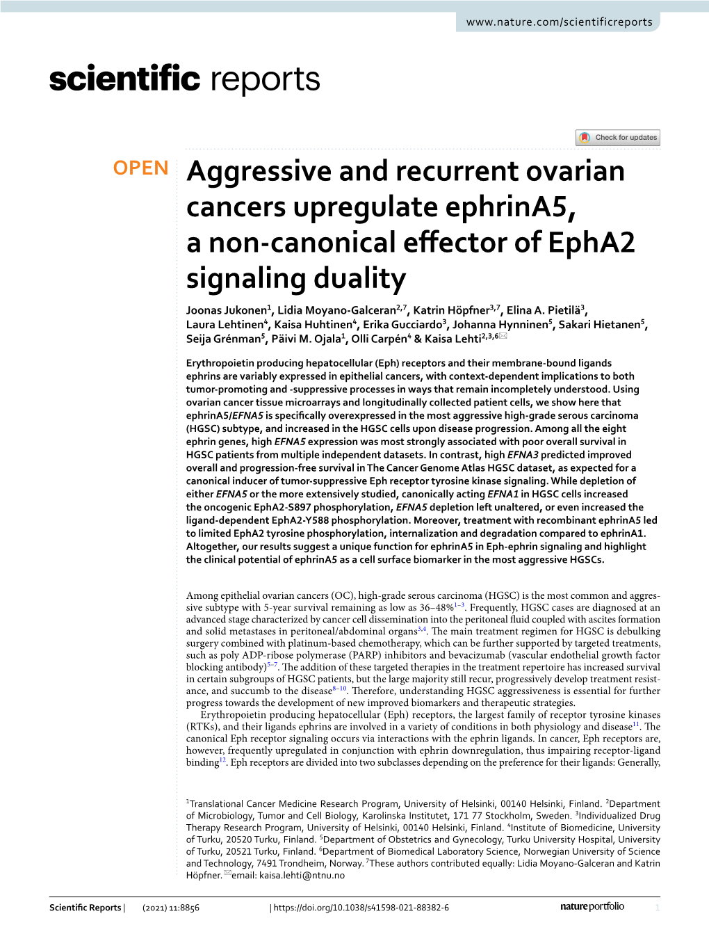 Aggressive and Recurrent Ovarian Cancers Upregulate Ephrina5, a Non-Canonical Effector of Epha2 Signaling Duality