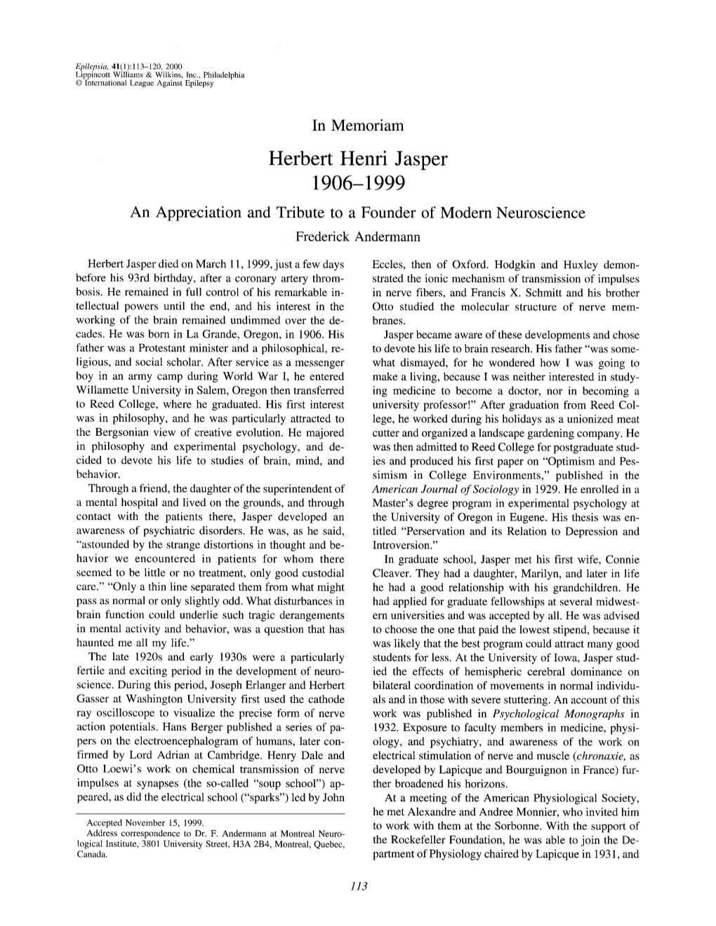 Herbert Henri Jasper 1906-1999 an Appreciation and Tribute to a Founder of Modern Neuroscience Frederick Andermann