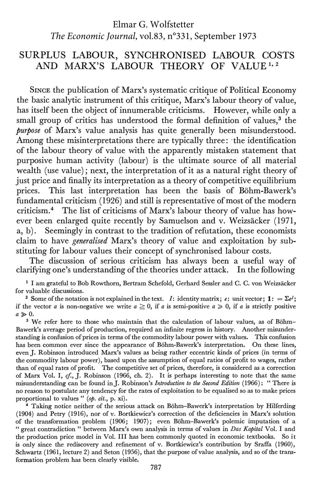 Surplus Labour, Synchronised Labour Costs and Marx's Labour Theory of Value 1, 2