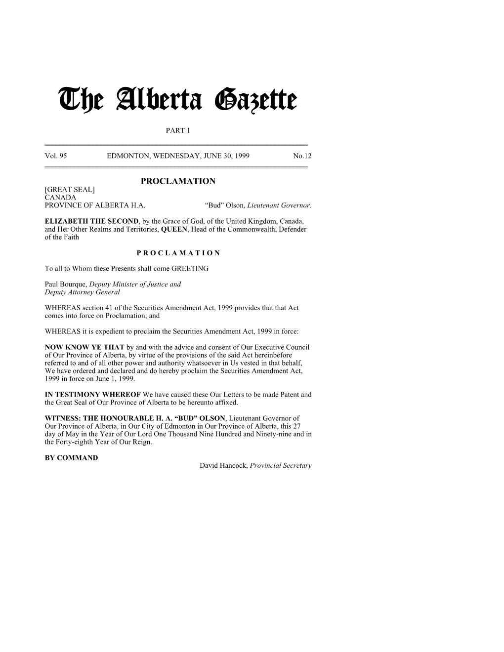 The Alberta Gazette, Part I, June 30, 1999