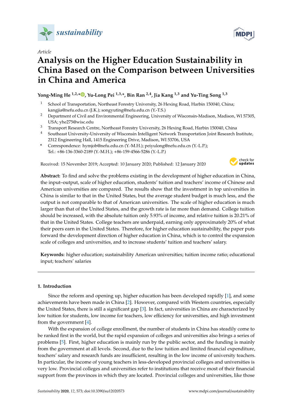 Analysis on the Higher Education Sustainability in China Based on the Comparison Between Universities in China and America