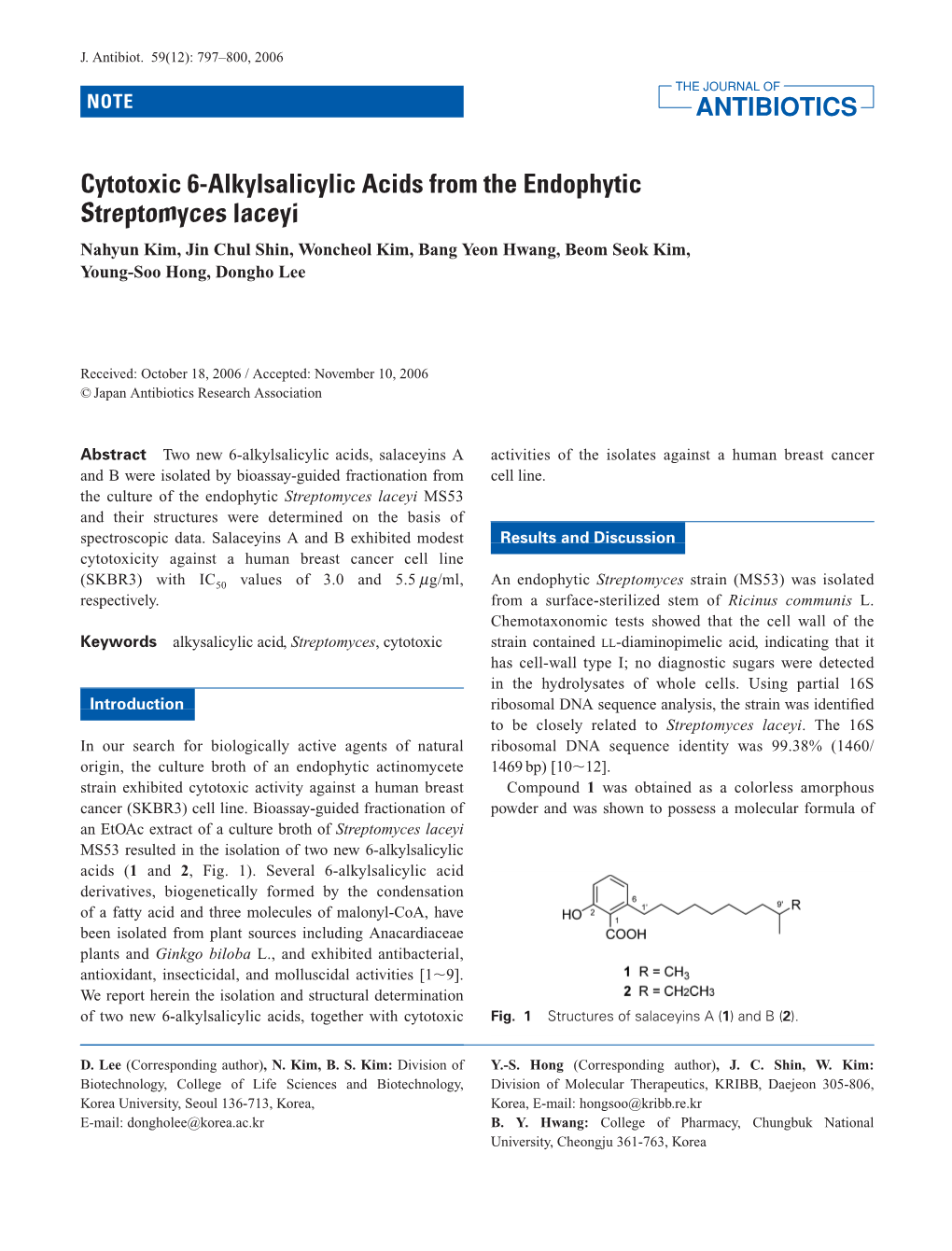 Cytotoxic 6-Alkylsalicylic Acids from the Endophytic Streptomyces Laceyi