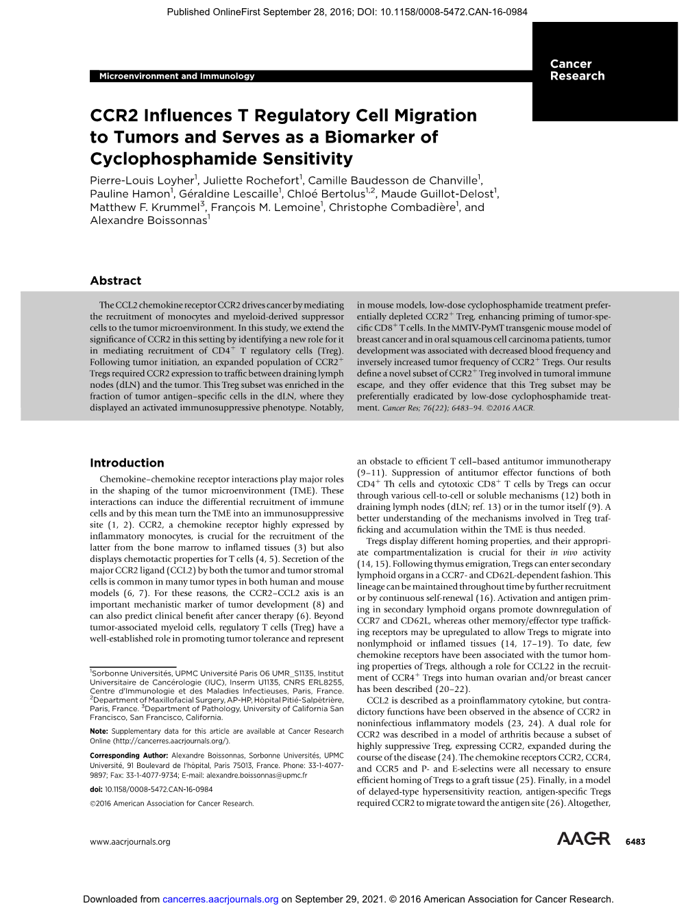 CCR2 Influences T Regulatory Cell Migration to Tumors and Serves As a Biomarker of Cyclophosphamide Sensitivity