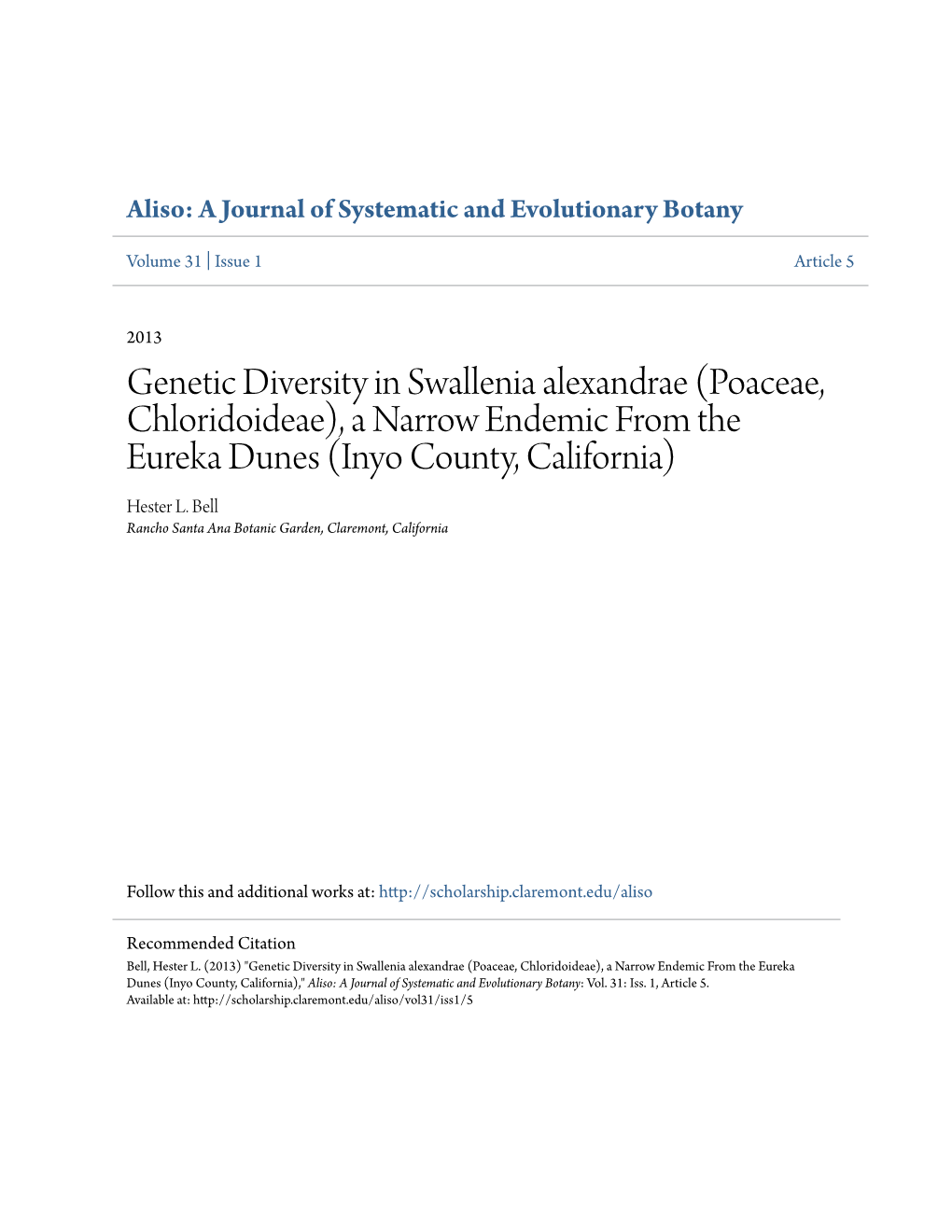 Genetic Diversity in Swallenia Alexandrae (Poaceae, Chloridoideae), a Narrow Endemic from the Eureka Dunes (Inyo County, California) Hester L