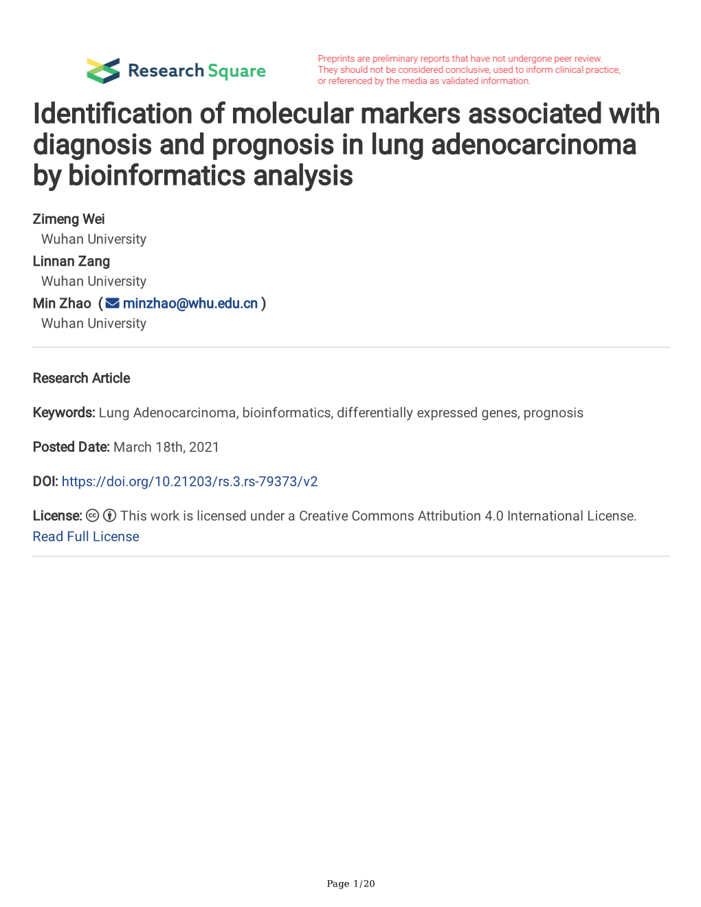 Identi Cation of Molecular Markers Associated with Diagnosis And