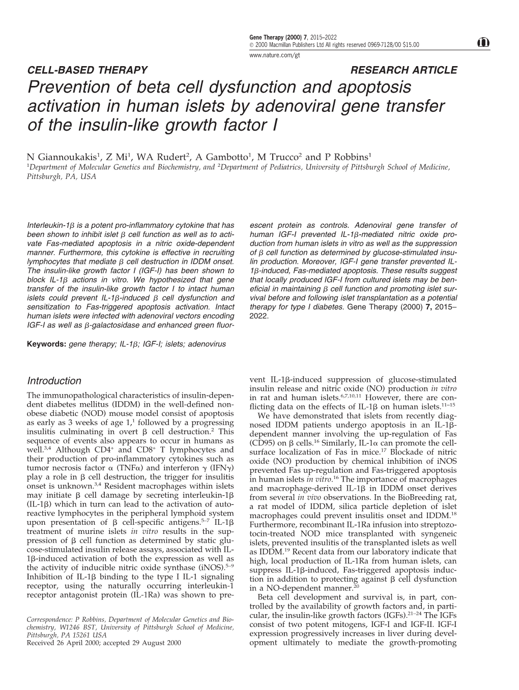 Prevention of Beta Cell Dysfunction and Apoptosis Activation in Human Islets by Adenoviral Gene Transfer of the Insulin-Like Growth Factor I