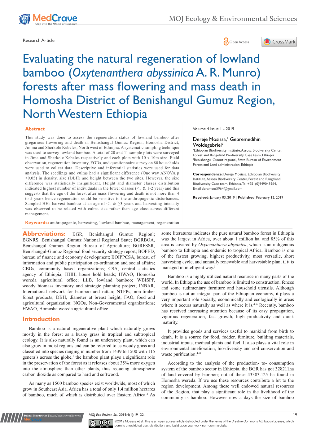 Evaluating the Natural Regeneration of Lowland Bamboo (Oxytenanthera Abyssinica A