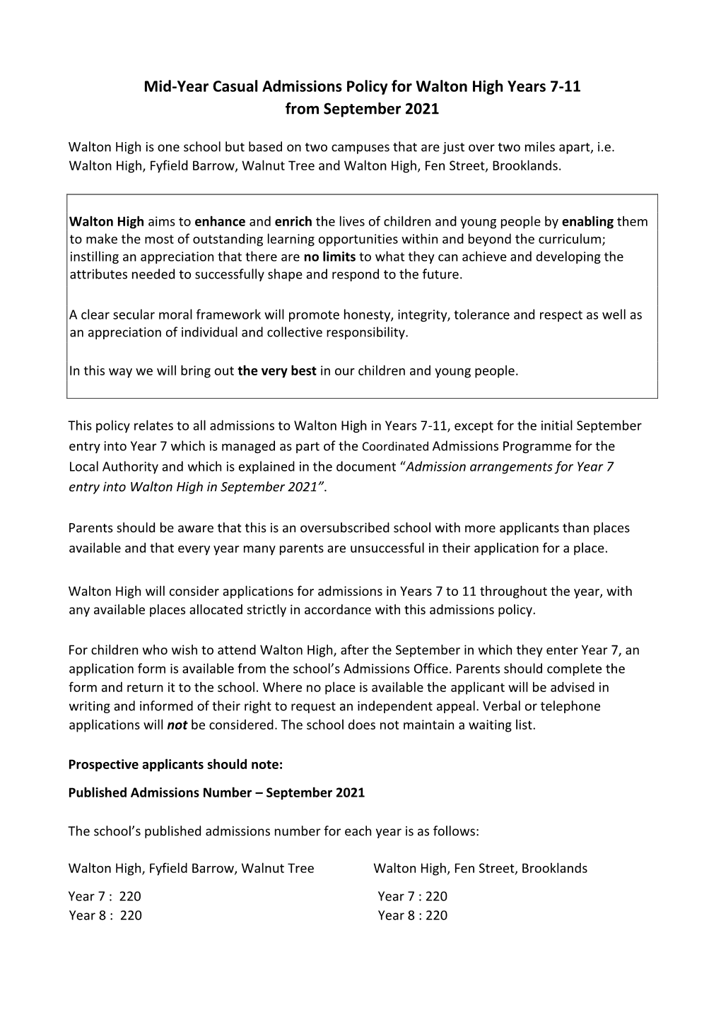 Mid-Year Casual Admissions Policy for Walton High Years 7-11 from September 2021