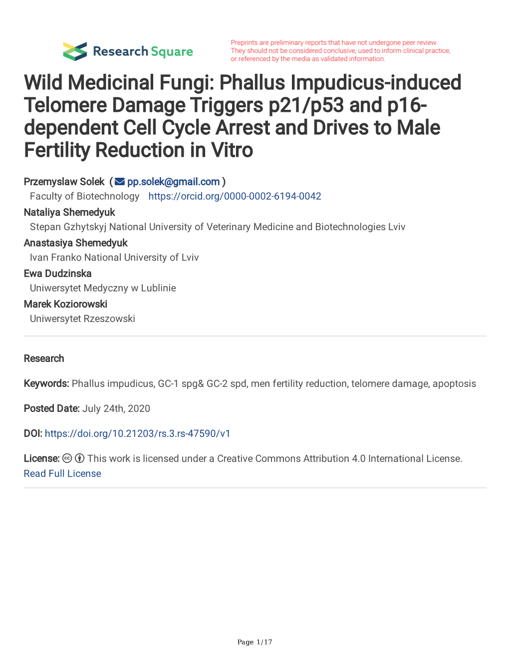 Wild Medicinal Fungi: Phallus Impudicus-Induced Telomere Damage Triggers P21/P53 and P16- Dependent Cell Cycle Arrest and Drives to Male Fertility Reduction in Vitro