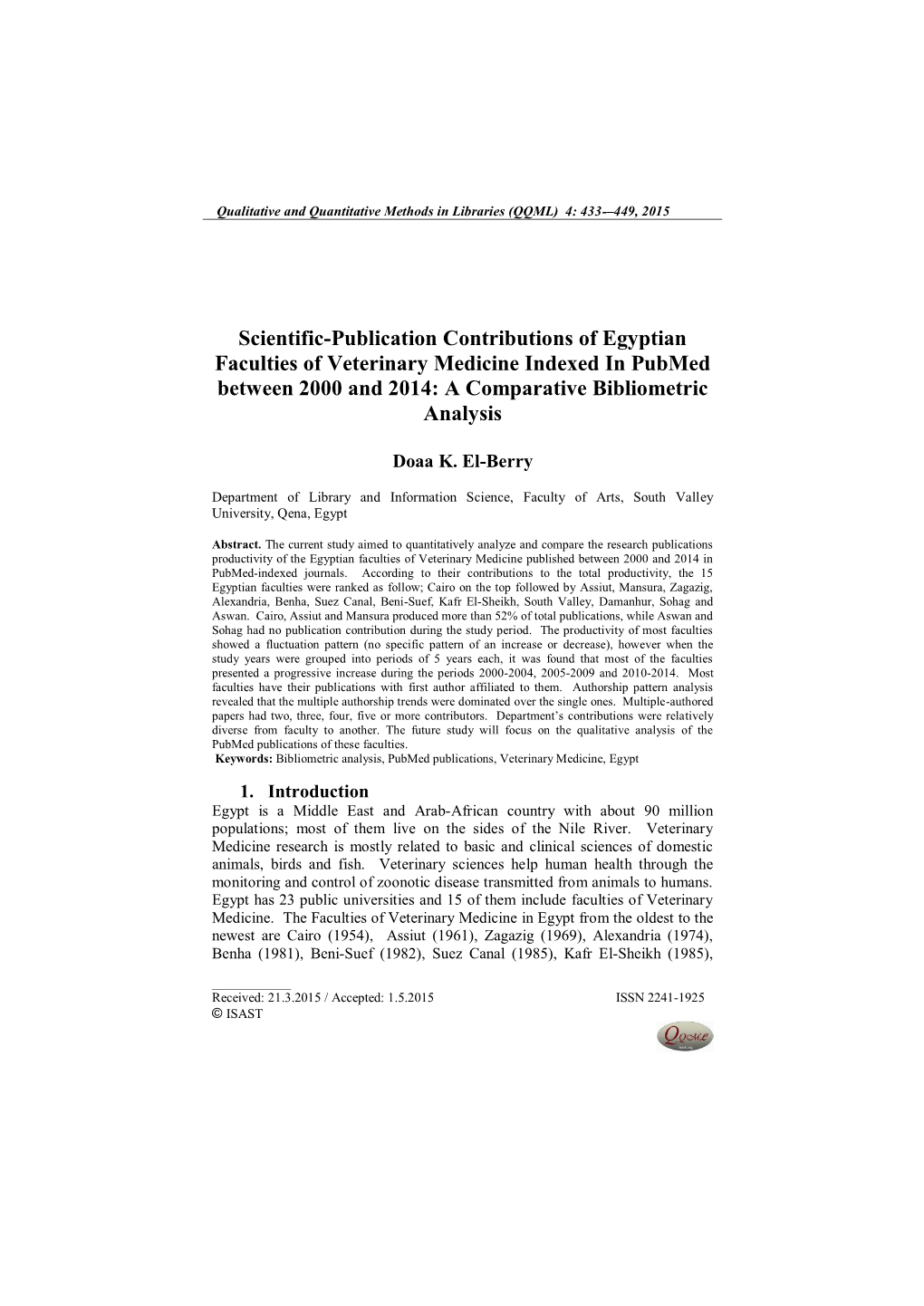 Scientific-Publication Contributions of Egyptian Faculties of Veterinary Medicine Indexed in Pubmed Between 2000 and 2014: a Comparative Bibliometric Analysis