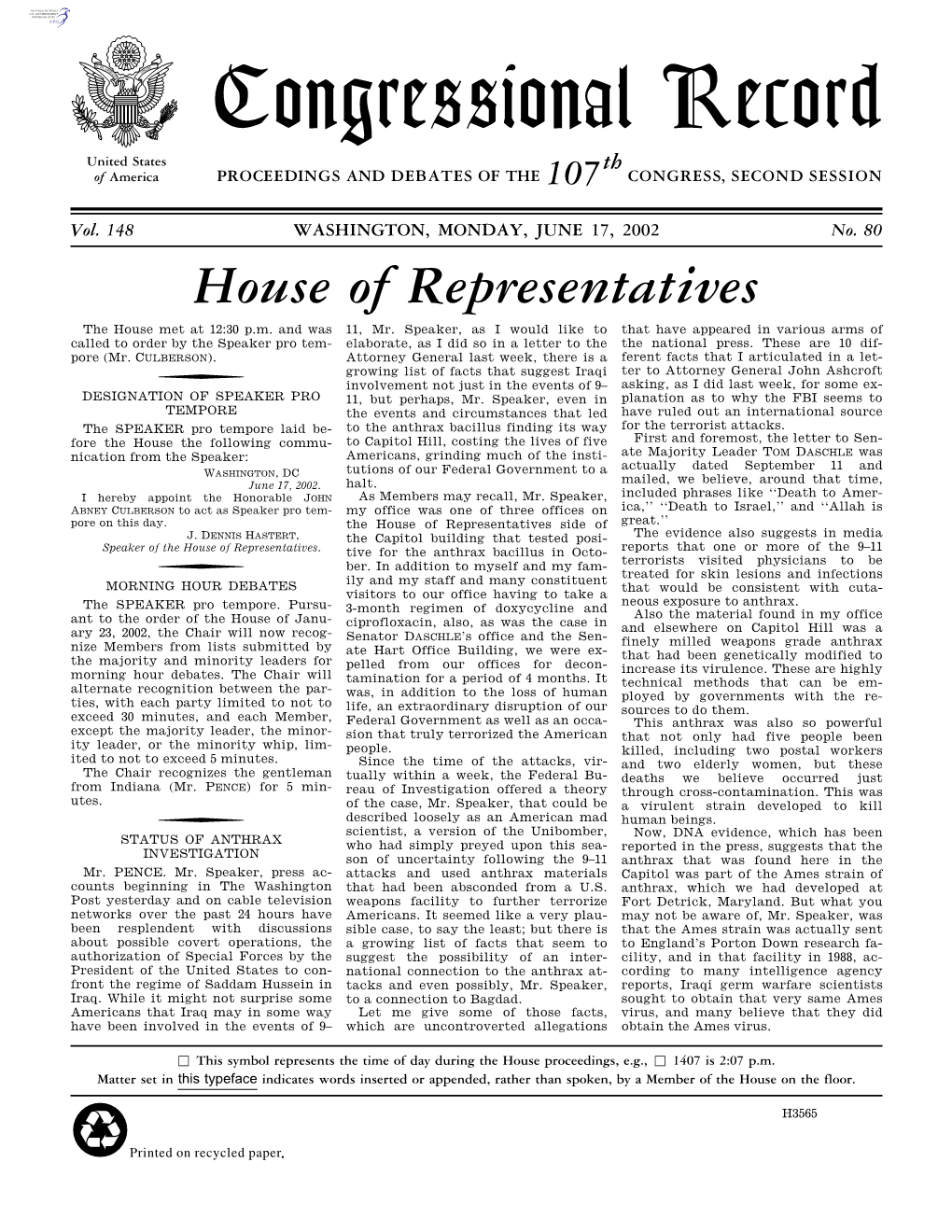 Congressional Record United States Th of America PROCEEDINGS and DEBATES of the 107 CONGRESS, SECOND SESSION