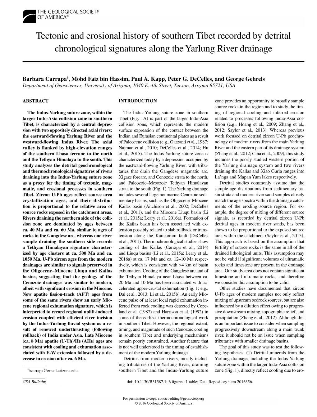 Tectonic and Erosional History of Southern Tibet Recorded by Detrital Chronological Signatures Along the Yarlung River Drainage