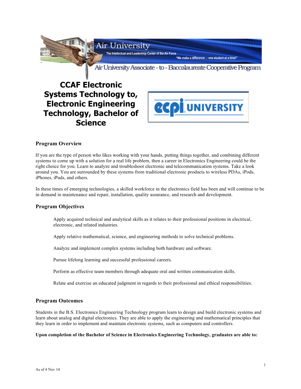 CCAF Electronic Systems Technology To, Electronic Engineering Technology, Bachelor of Science