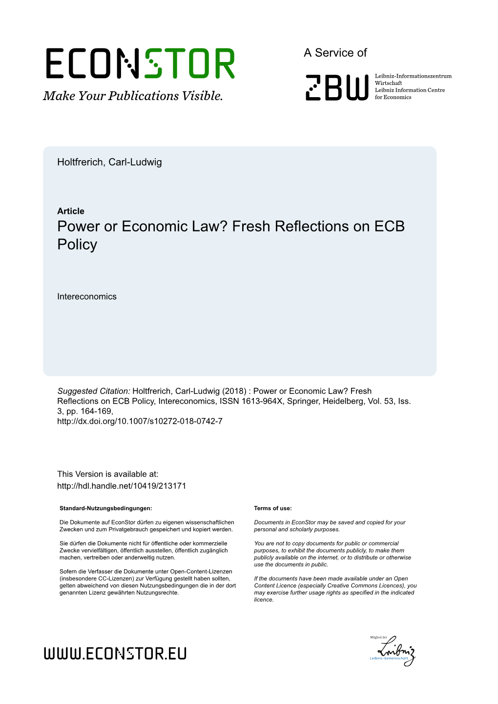 Power Or Economic Law? Fresh Reflections on ECB Policy