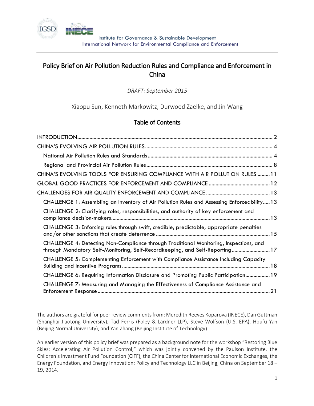 Policy Brief on Air Pollution Reduction Rules and Compliance and Enforcement in China