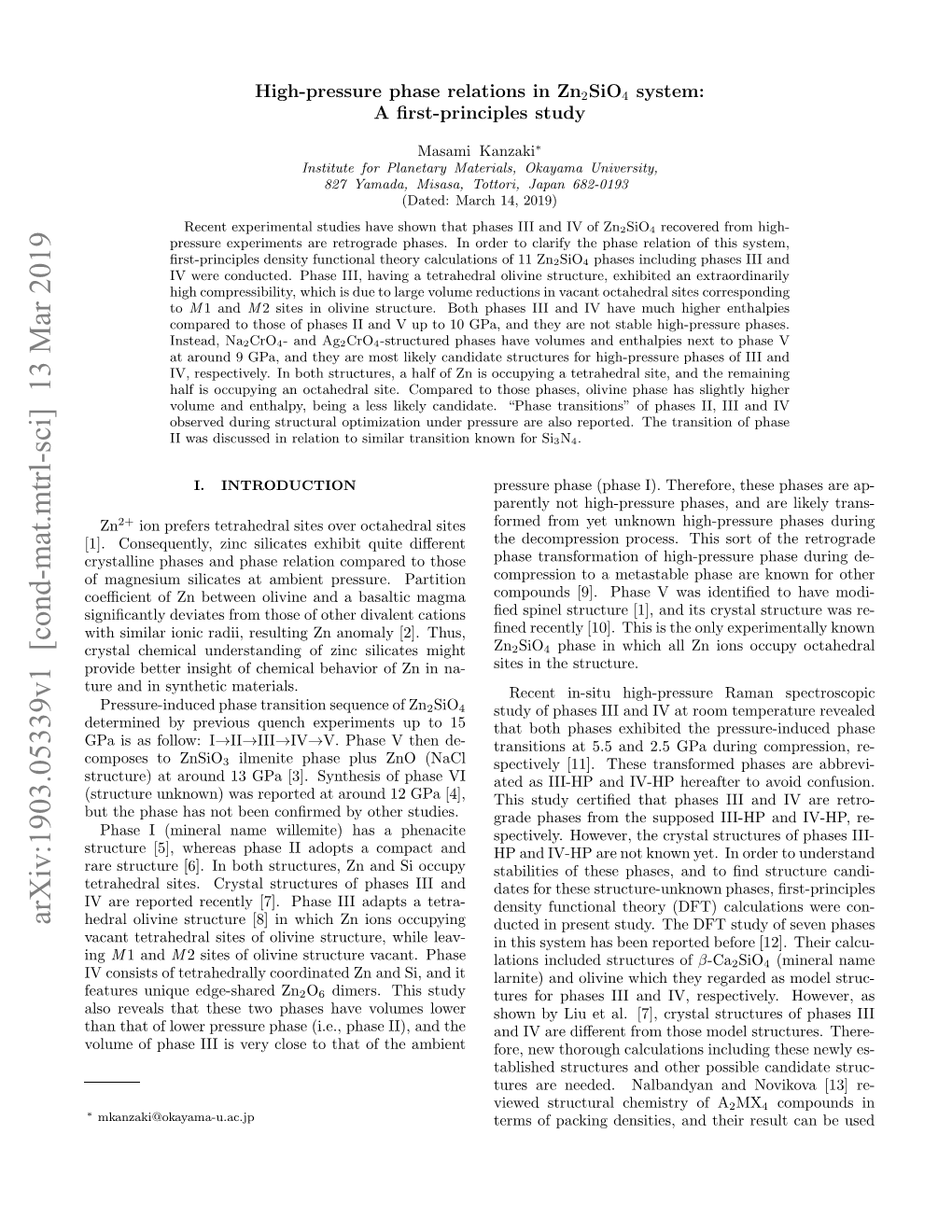 High-Pressure Phase Relations in Zn2sio4 System: a First-Principles Study