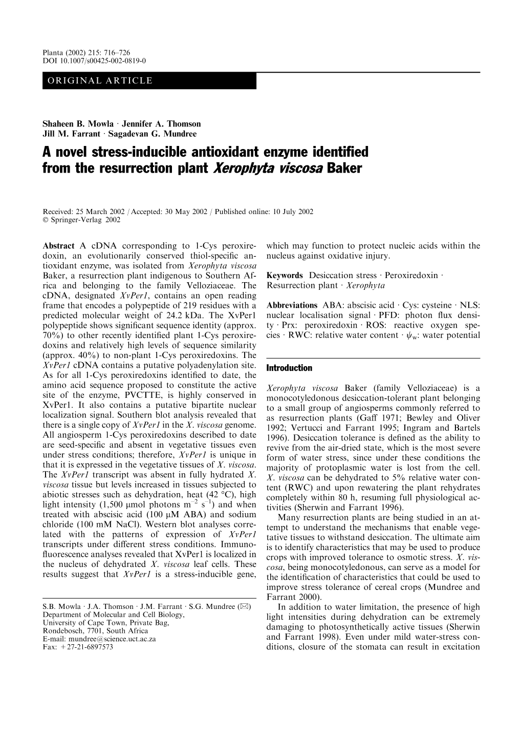 A Novel Stress-Inducible Antioxidant Enzyme Identified from The