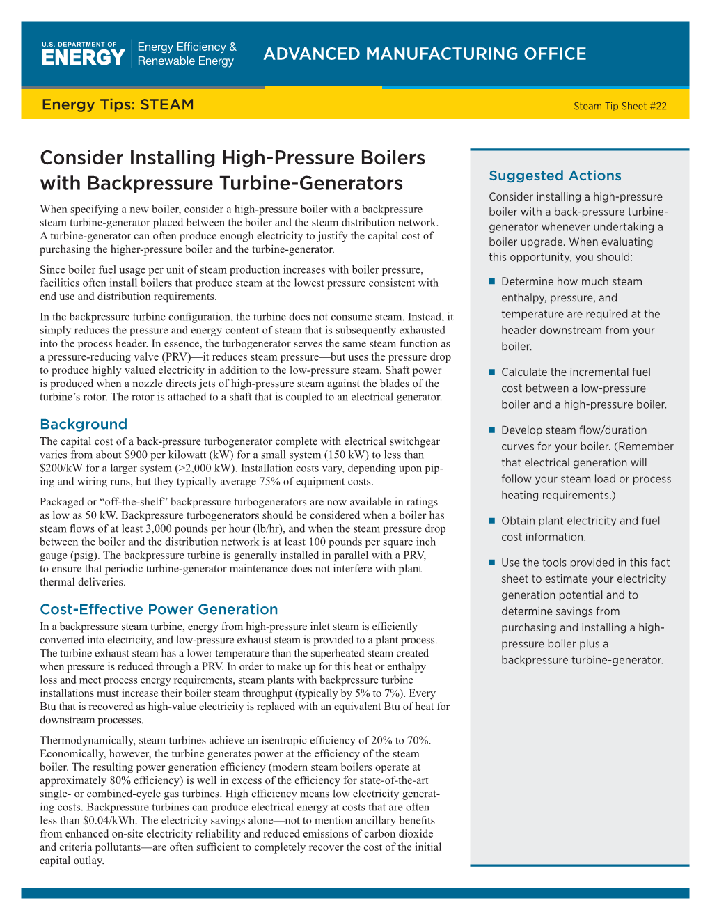 Consider Installing High-Pressure Boilers with Backpressure Turbine-Generators, Energy Tips: STEAM, Steam Tip Sheet #22 (Fact Sh