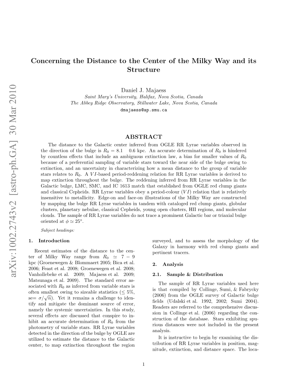 Arxiv:1002.2743V2 [Astro-Ph.GA] 30 Mar 2010 E Fmlywyrnefrom Range Way Milky of Ter Introduction 1