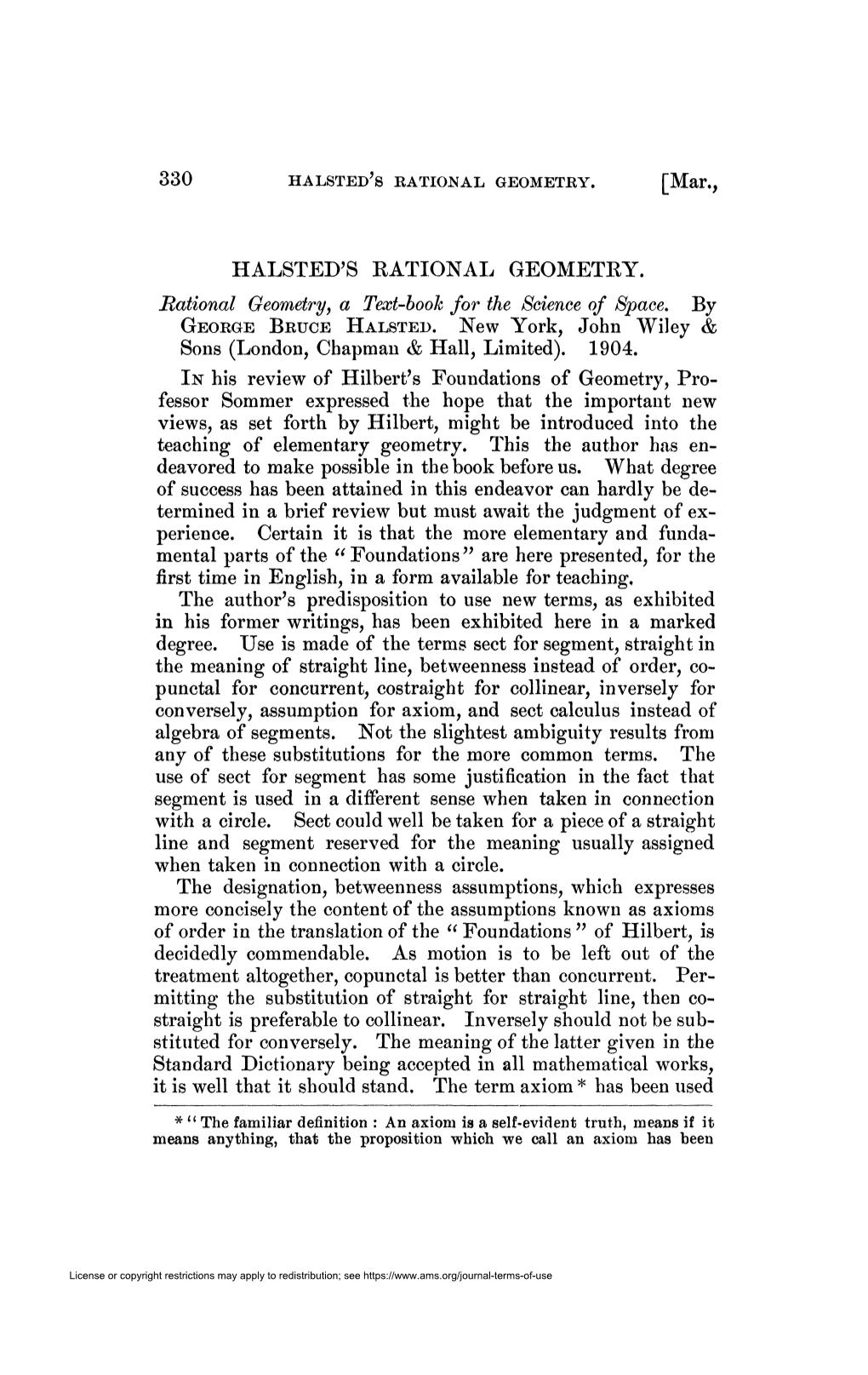 330 [Mar,, HALSTED's RATIONAL GEOMETEY. Rational Geometry, A