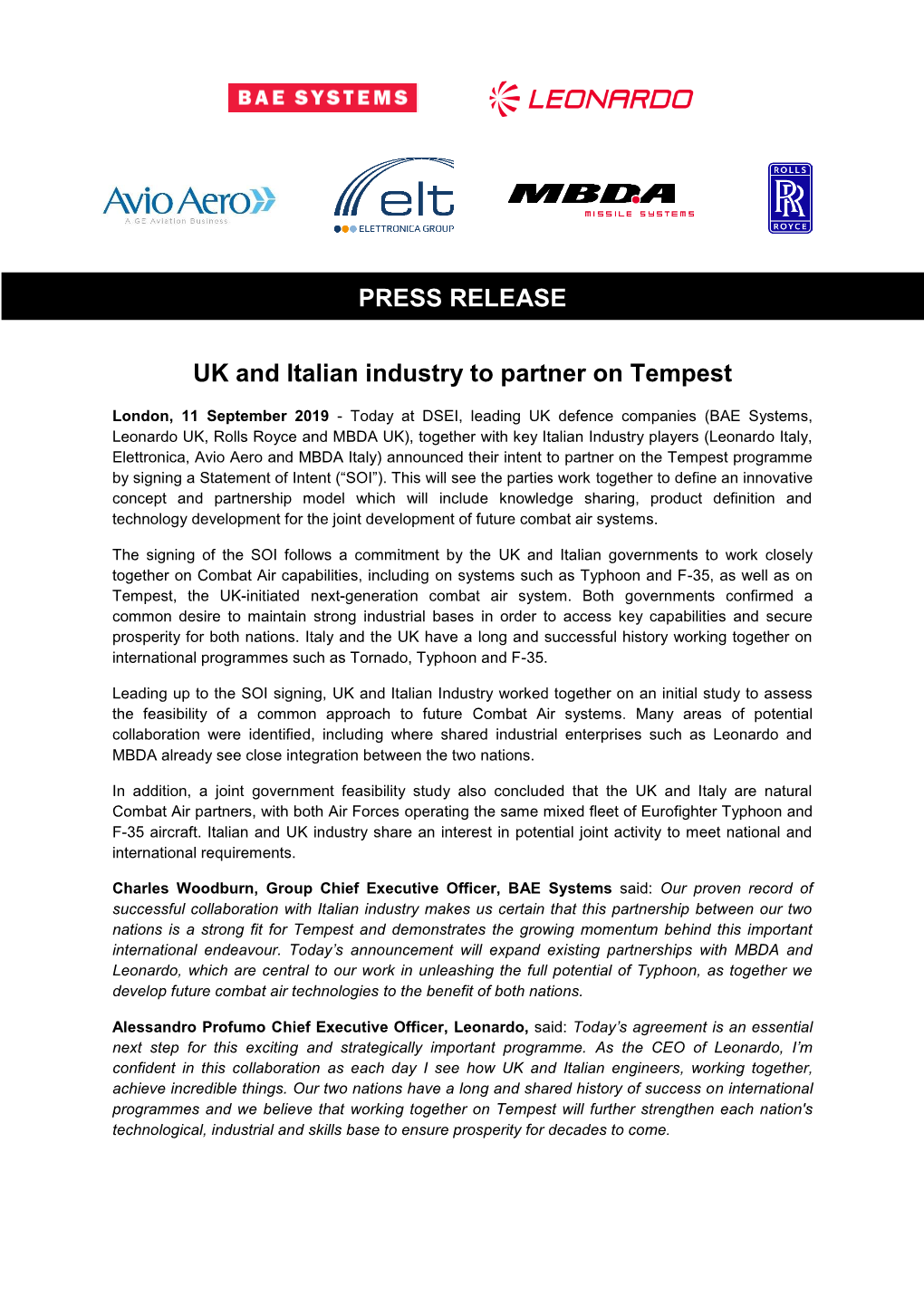 PRESS RELEASE UK and Italian Industry to Partner on Tempest