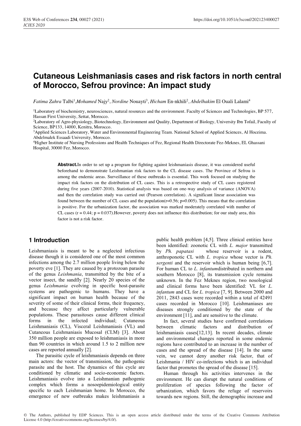 Cutaneous Leishmaniasis Cases and Risk Factors in North Central of Morocco, Sefrou Province: an Impact Study