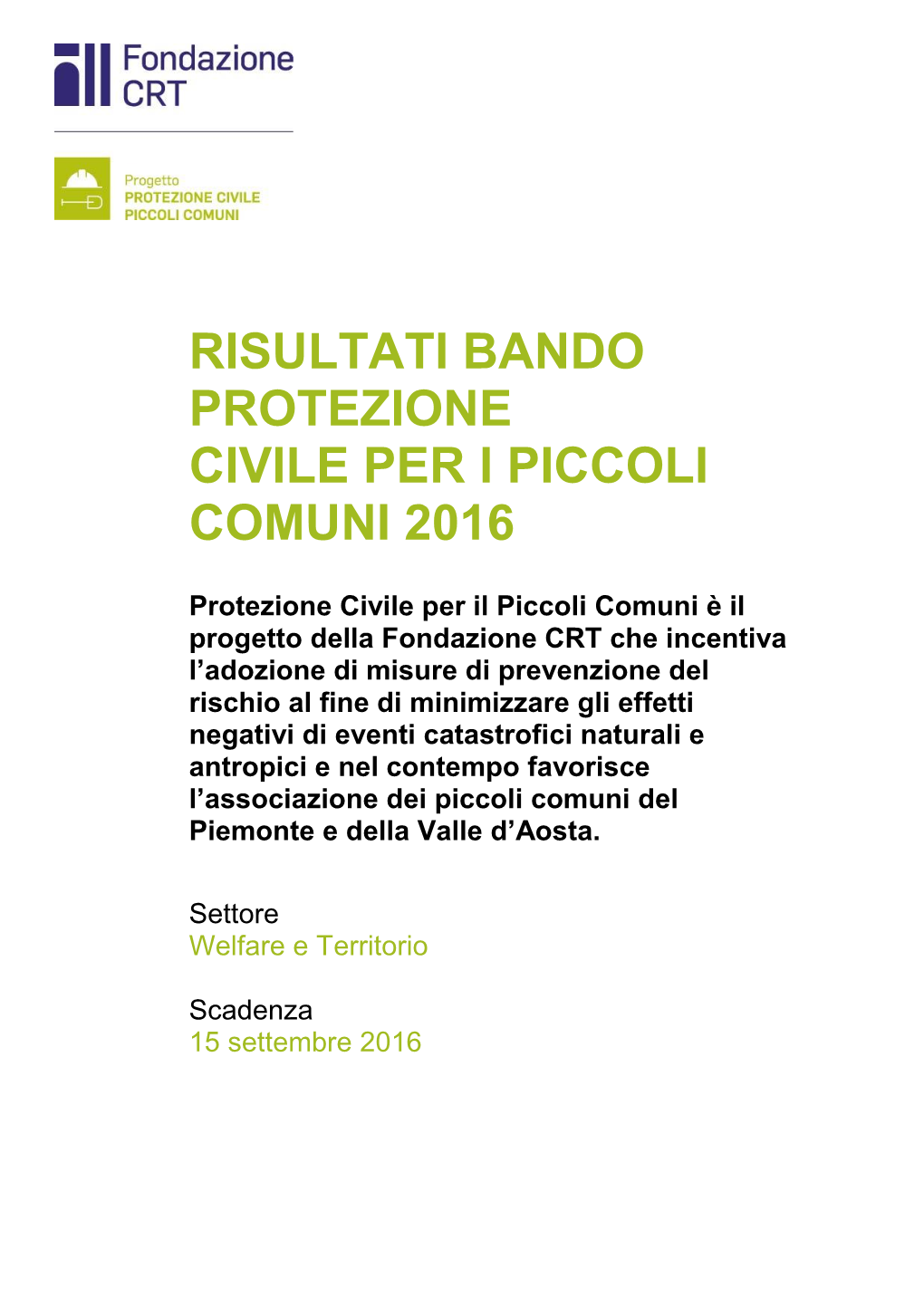 Risultati Bando Protezione Civile Per I Piccoli Comuni 2016