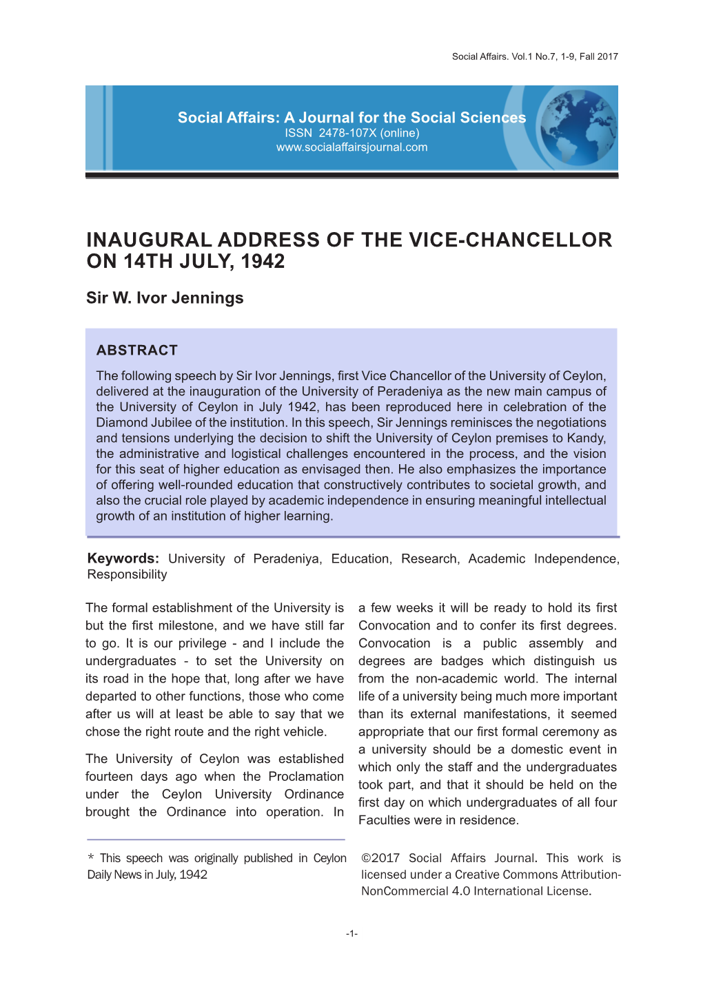 Inaugural Address of the Vice-Chancellor on 14Th July, 1942