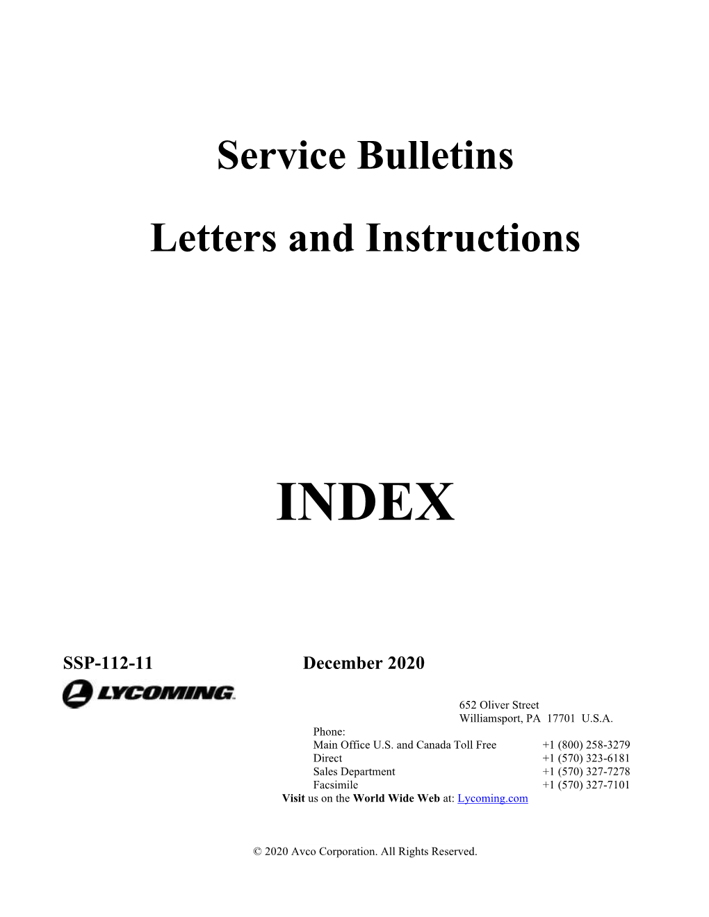 Index of Service Bulletins, Letters and Instructions