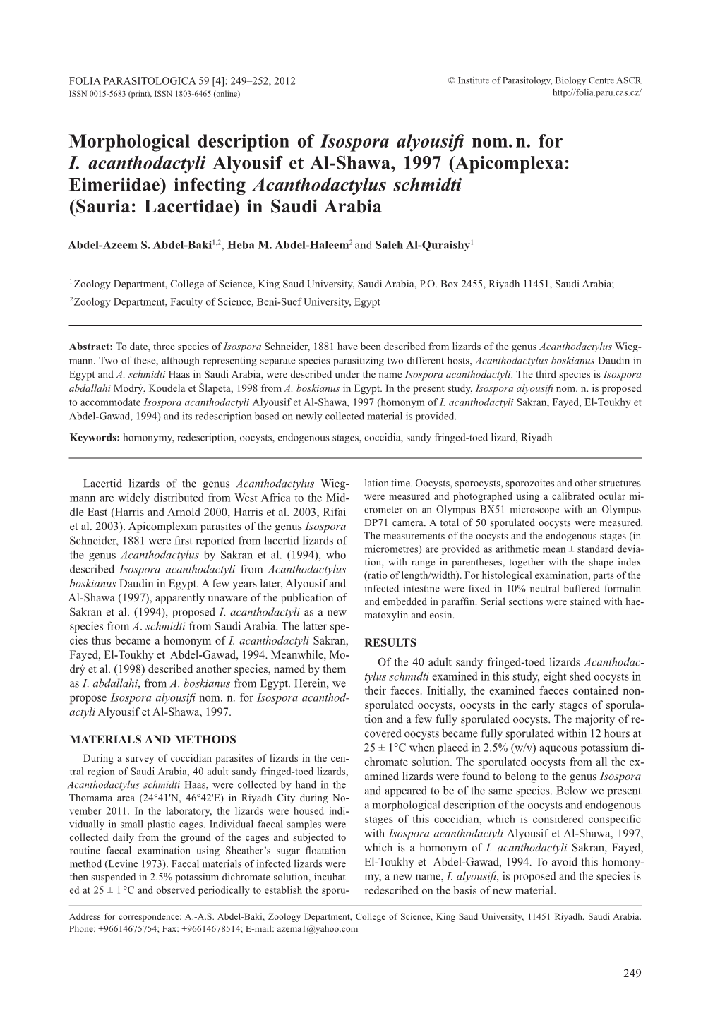 Morphological Description of Isospora Alyousifi Nom