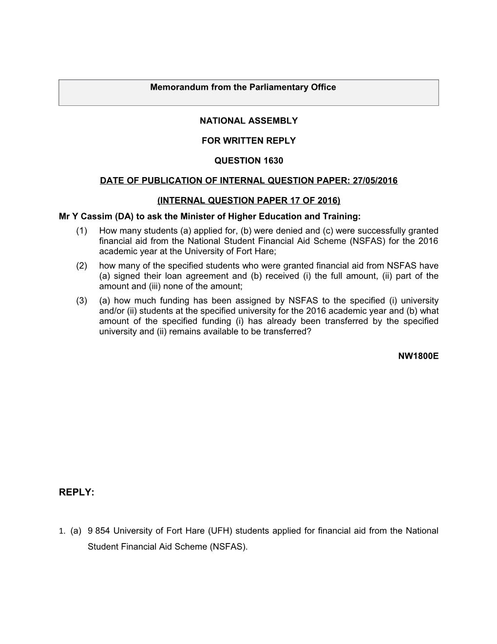 Memorandum from the Parliamentary Office