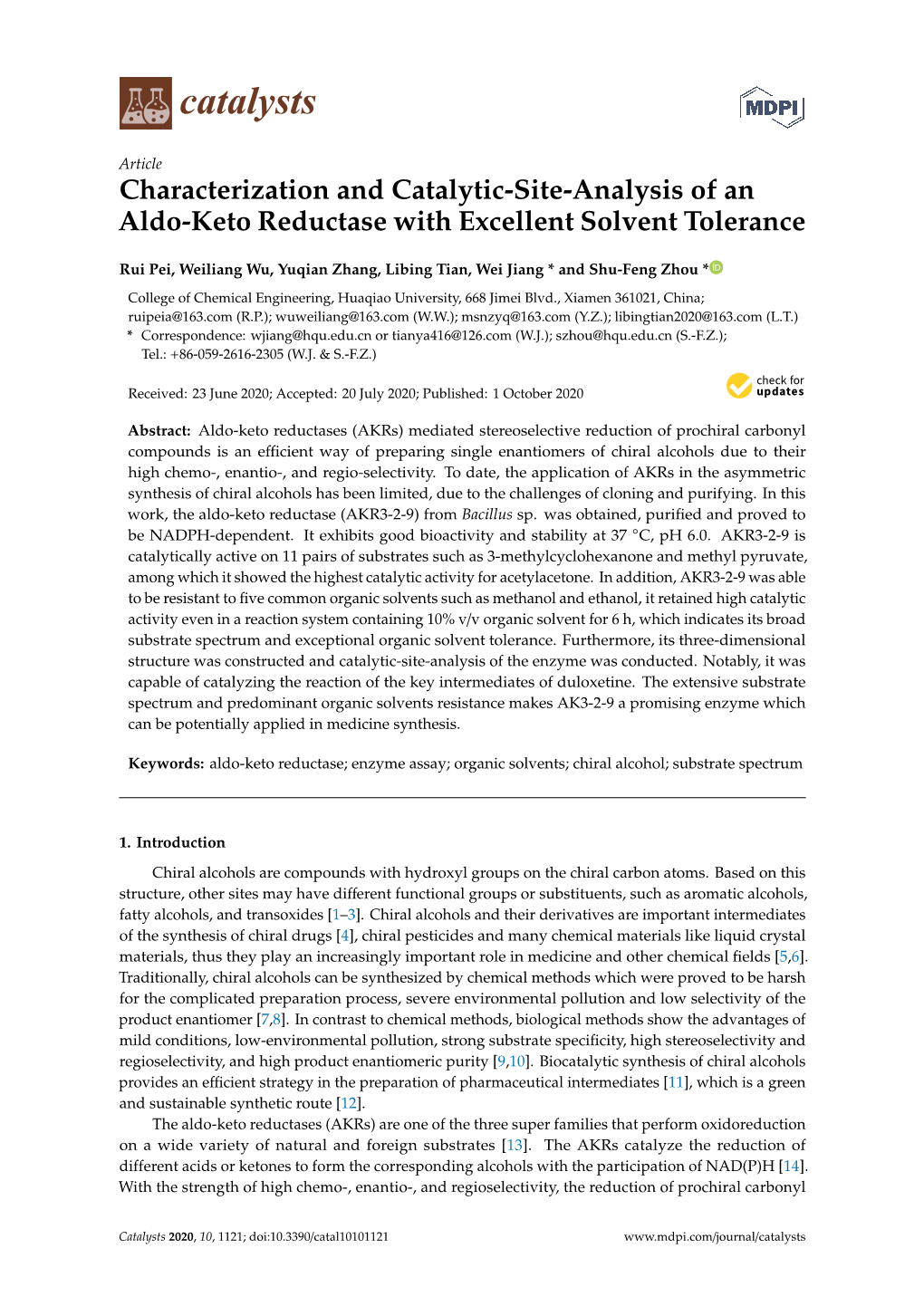 Characterization and Catalytic-Site-Analysis of an Aldo-Keto Reductase with Excellent Solvent Tolerance