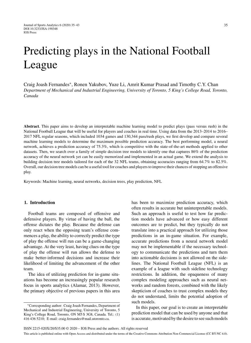 Predicting Plays in the National Football League