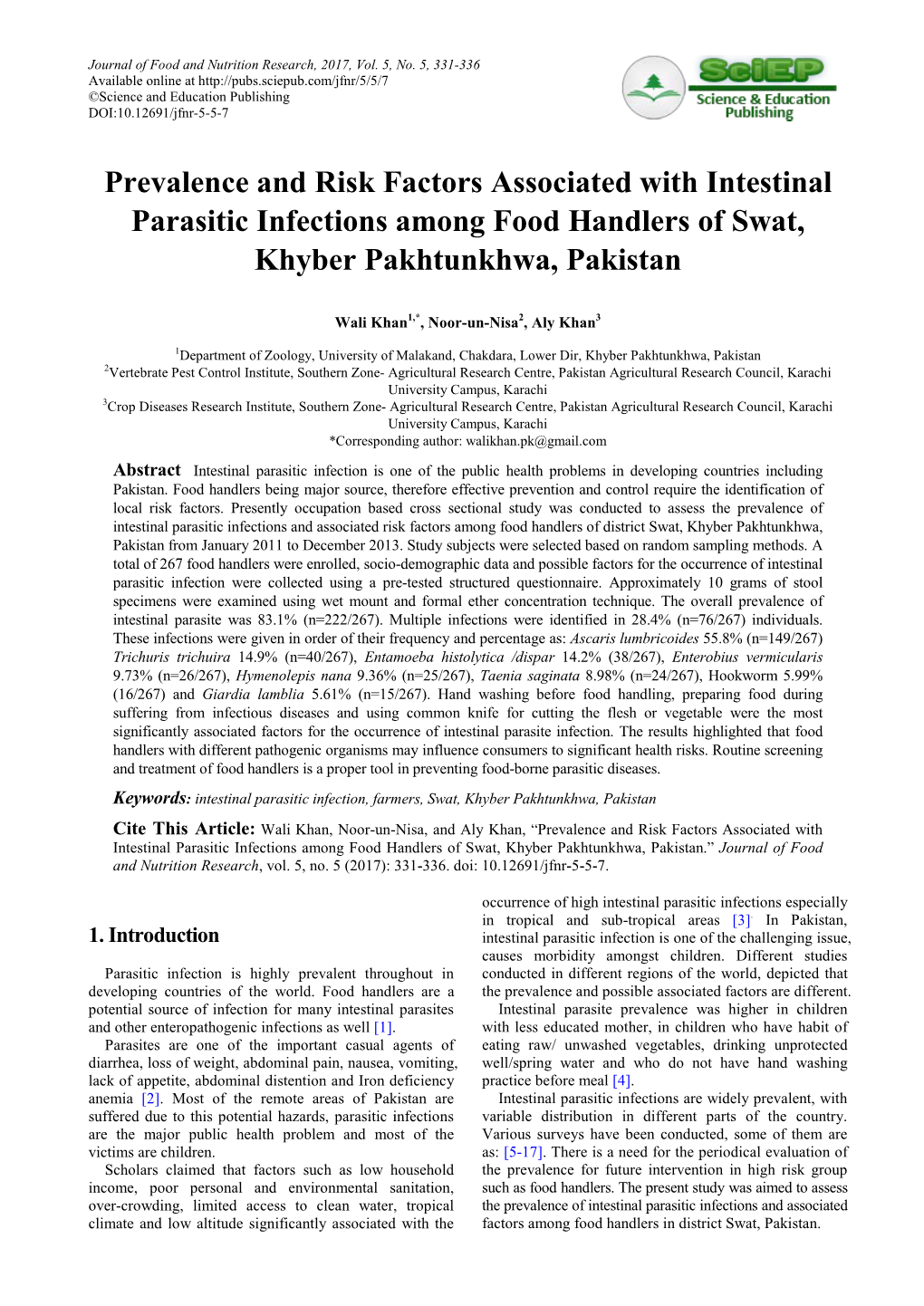 Prevalence and Risk Factors Associated with Intestinal Parasitic Infections Among Food Handlers of Swat, Khyber Pakhtunkhwa, Pakistan