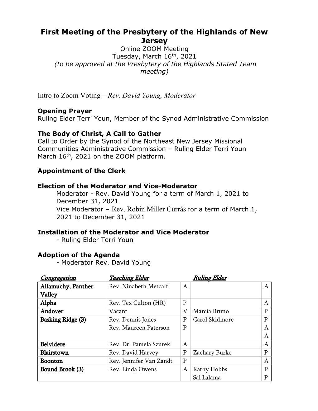 First Meeting of the Presbytery of the Highlands of New Jersey Intro To