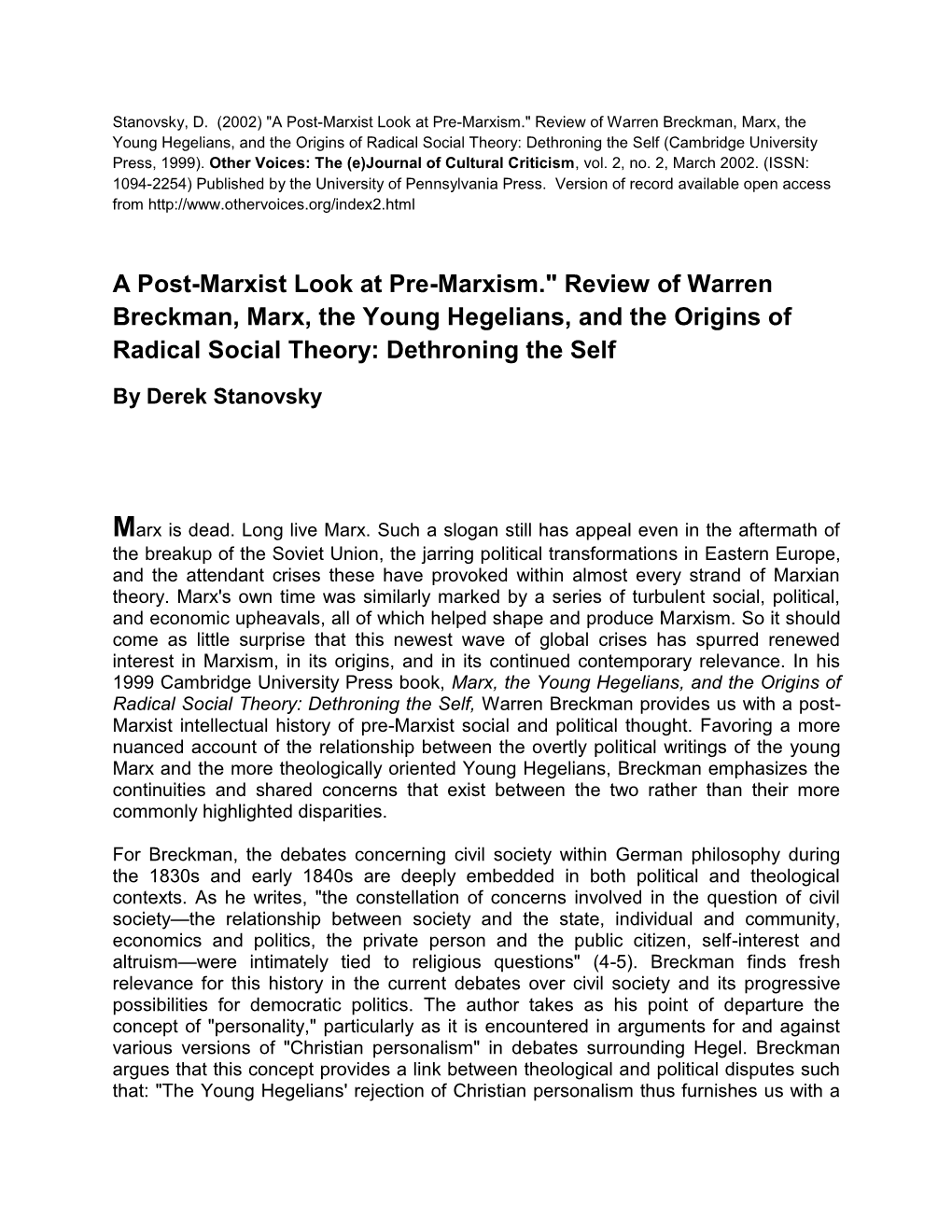 Review of Warren Breckman, Marx, the Young Hegelians, and the Origins of Radical Social Theory: Dethroning the Self (Cambridge University Press, 1999)