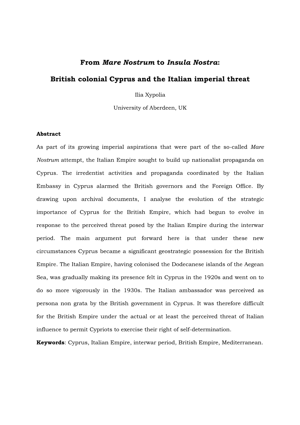 British Colonial Cyprus and the Italian Imperial Threat