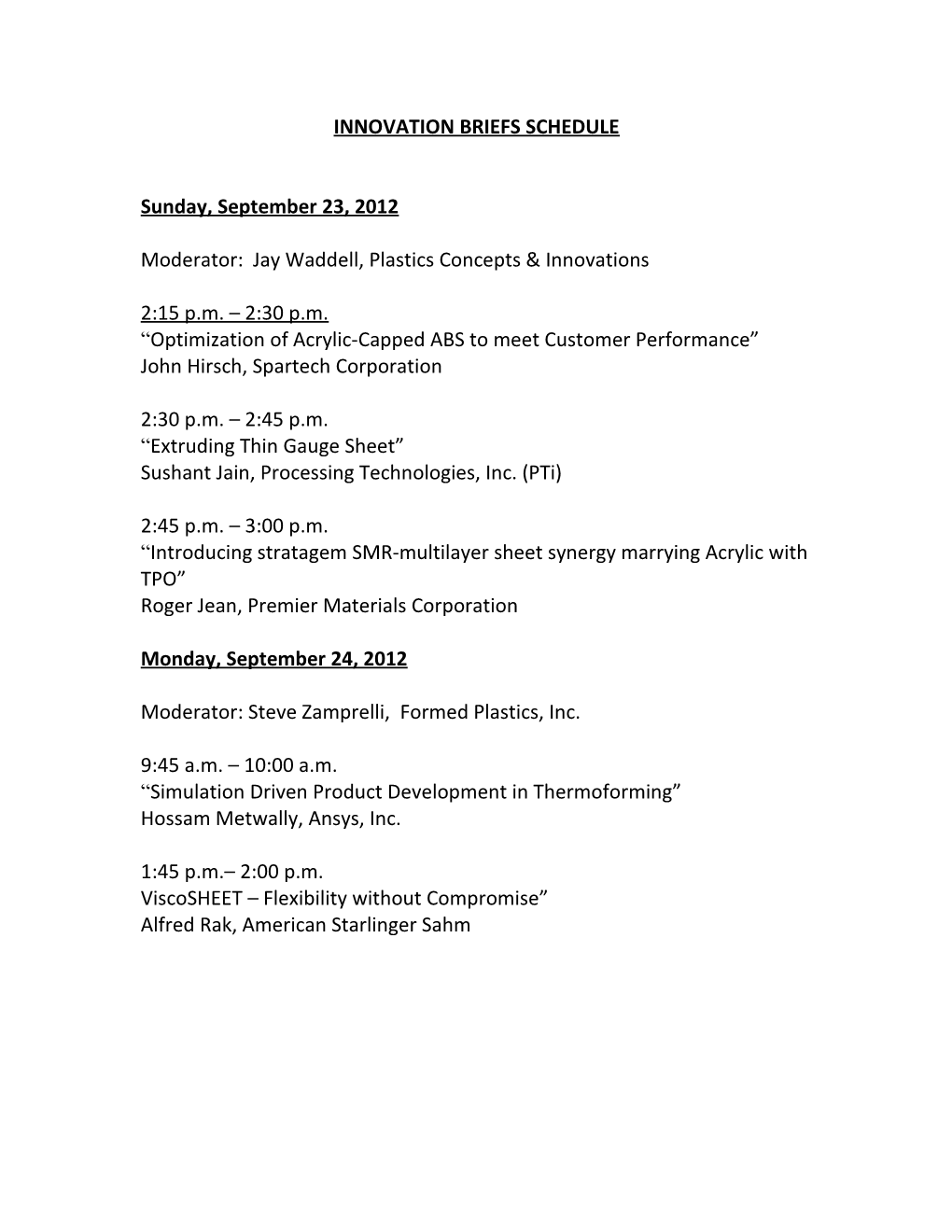 Innovation Briefs Schedule